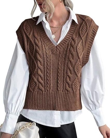 Brown Cable Knit Sleeveless Sweater Vest image 2