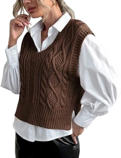 Brown Cable Knit Sleeveless Sweater Vest image 1