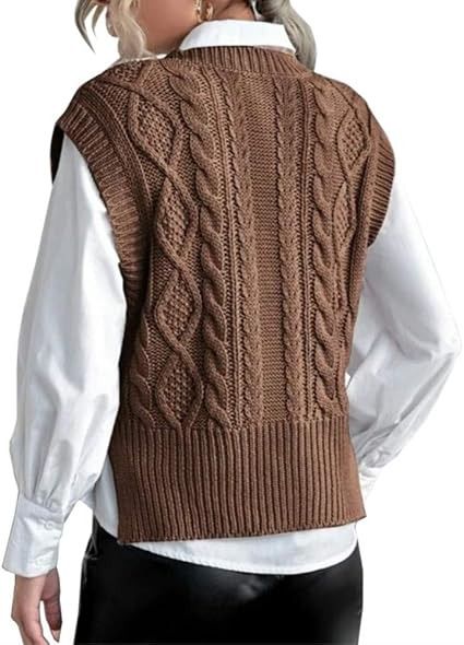 Brown Cable Knit Sleeveless Sweater Vest image 3