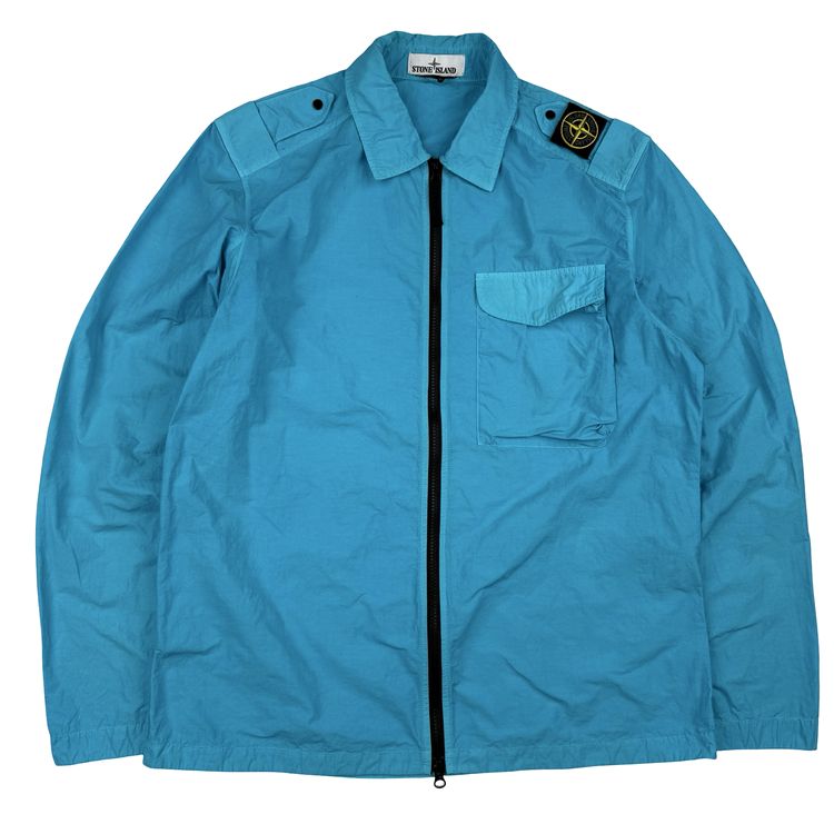 Stone Island 2020 Aqua Blue Single Chest Pocket Full Zip Nylon Overshirt - Large
