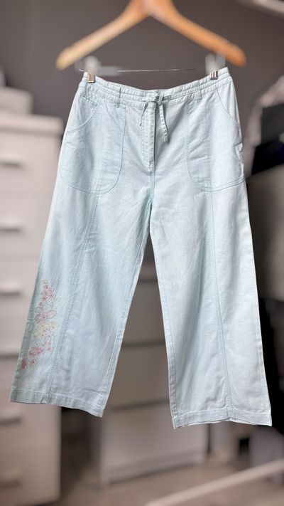 Light Blue Pants With Floral Embroidery 100 % LINEN L