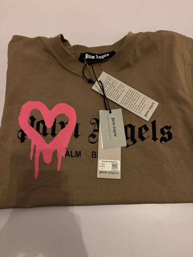 Palm Angels Brown T-Shirt With Pink Heart Graphic