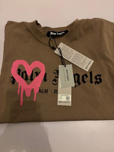 Palm Angels Brown T-Shirt With Pink Heart Graphic