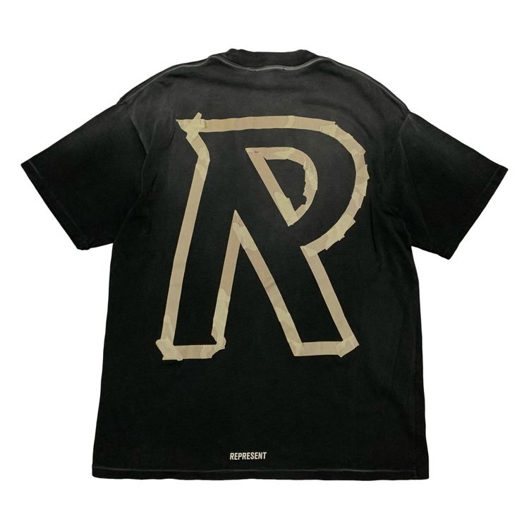 Represent Small Masking Tape Initial Stained Black Tee