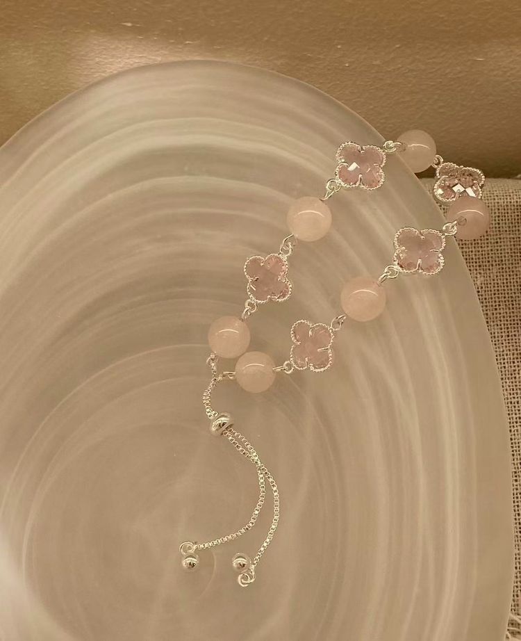 Pink Stone Bracelet With Silver Chain