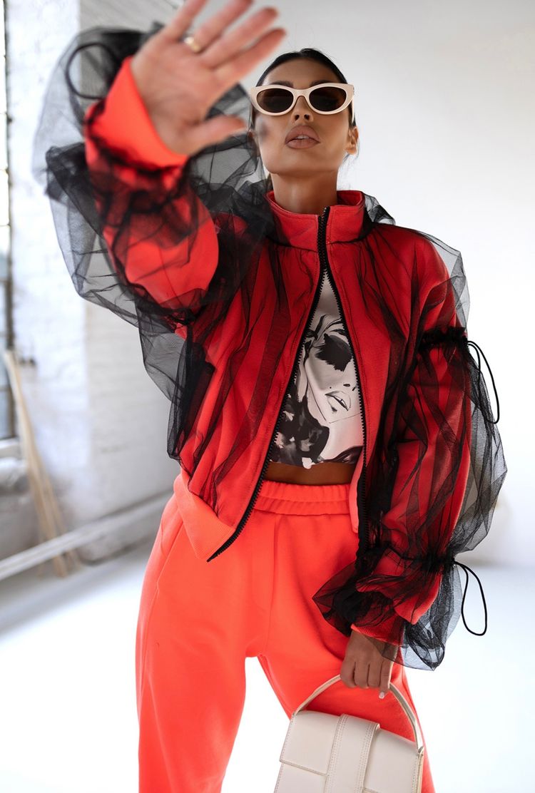 Other Red Jacket With Black Sheer Overlay And Orange Pants product image