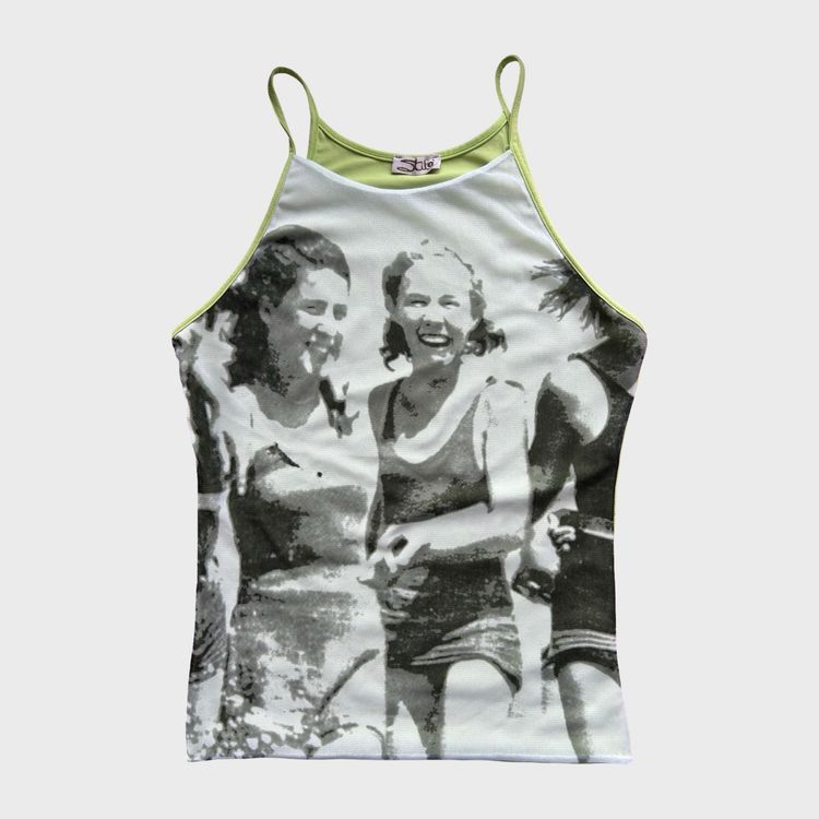 Vintage Green Graphic Mesh Overlay Cami Top - S