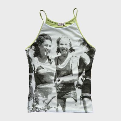 Vintage Green Graphic Mesh Overlay Cami Top - S
