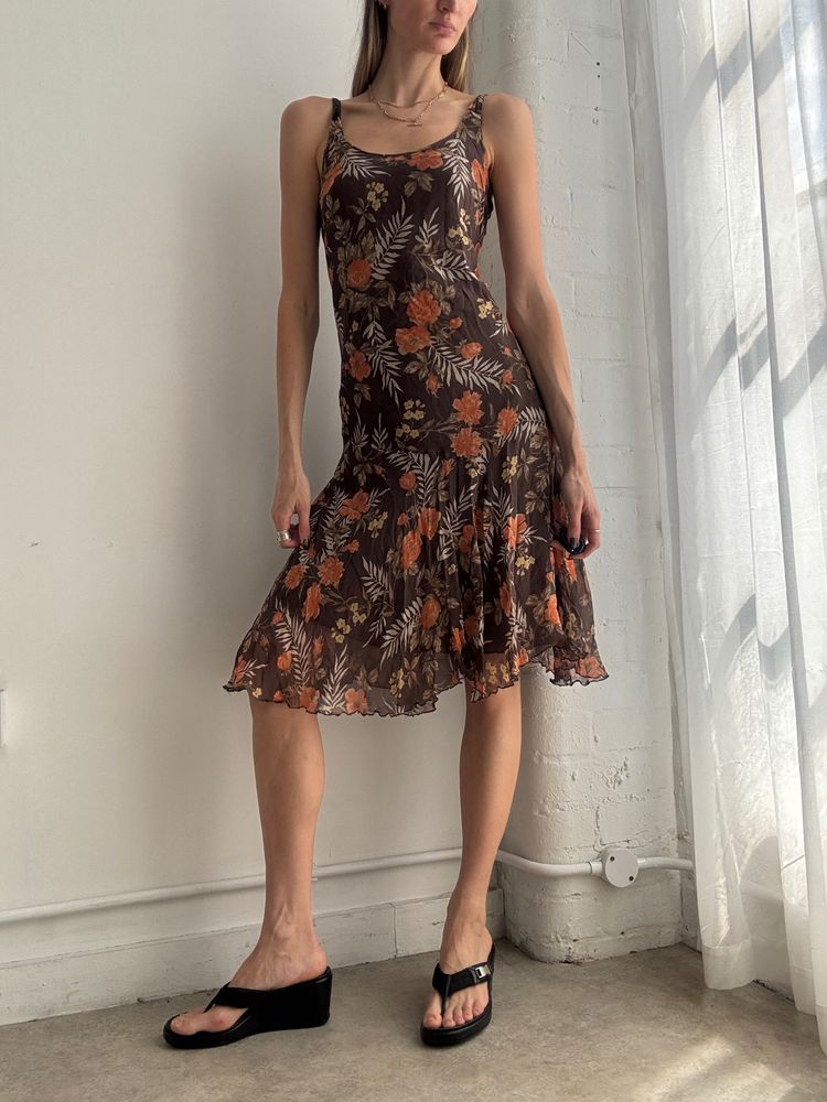 Brown Floral Sleeveless Dress