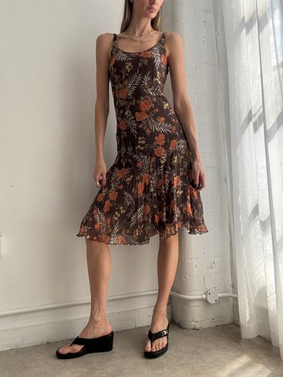 Brown Floral Sleeveless Dress