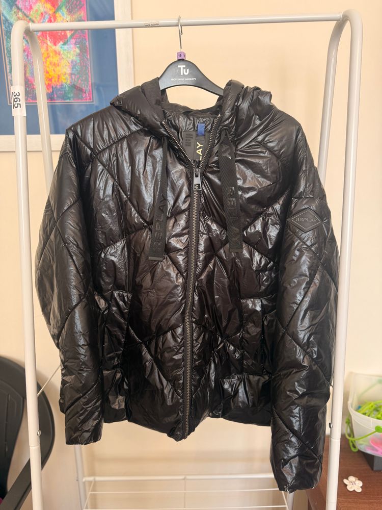 Replay Black Quilted Hooded Jacket