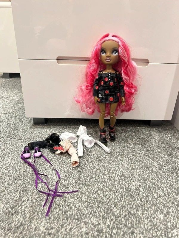 Doll With Pink Hair And Black Dress With Red Roses image 2