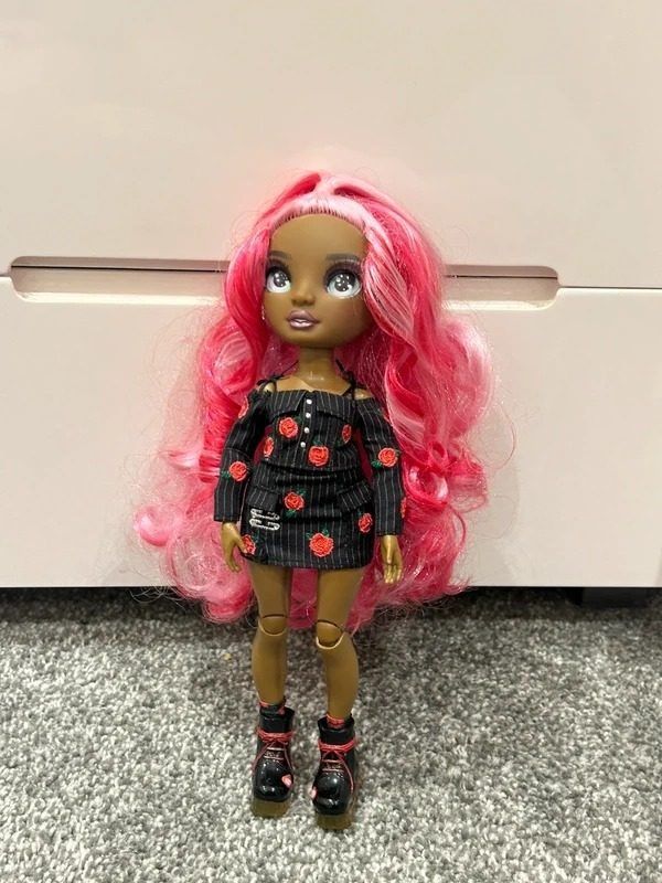Doll With Pink Hair And Black Dress With Red Roses image 1