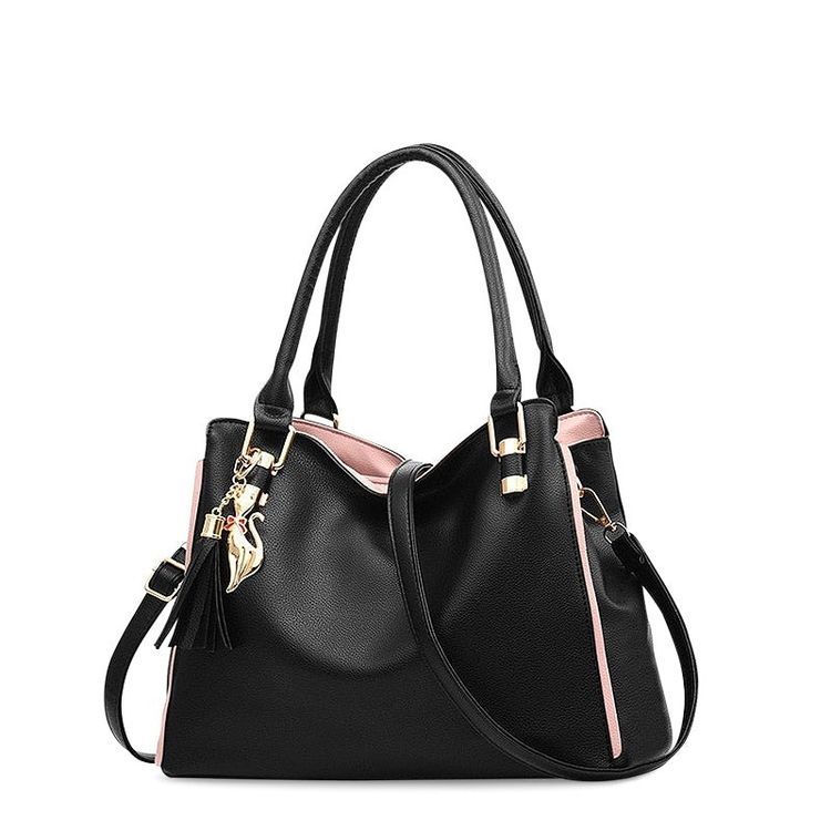 Immagine di Black Tote Bag With Pink Accents And Tassel Charm 1