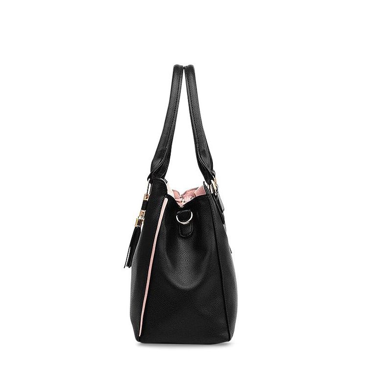 Black Tote Bag With Pink Accents And Tassel Charm obraz 2