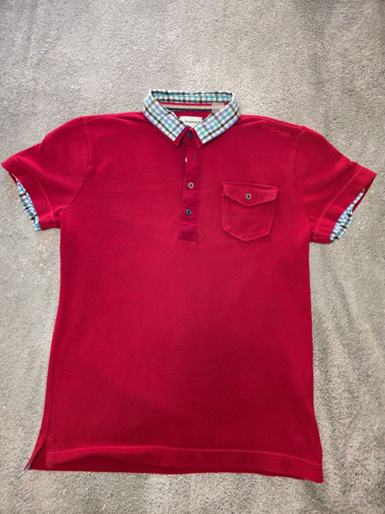 Red Polo Shirt With Checkered Collar And Cuffs