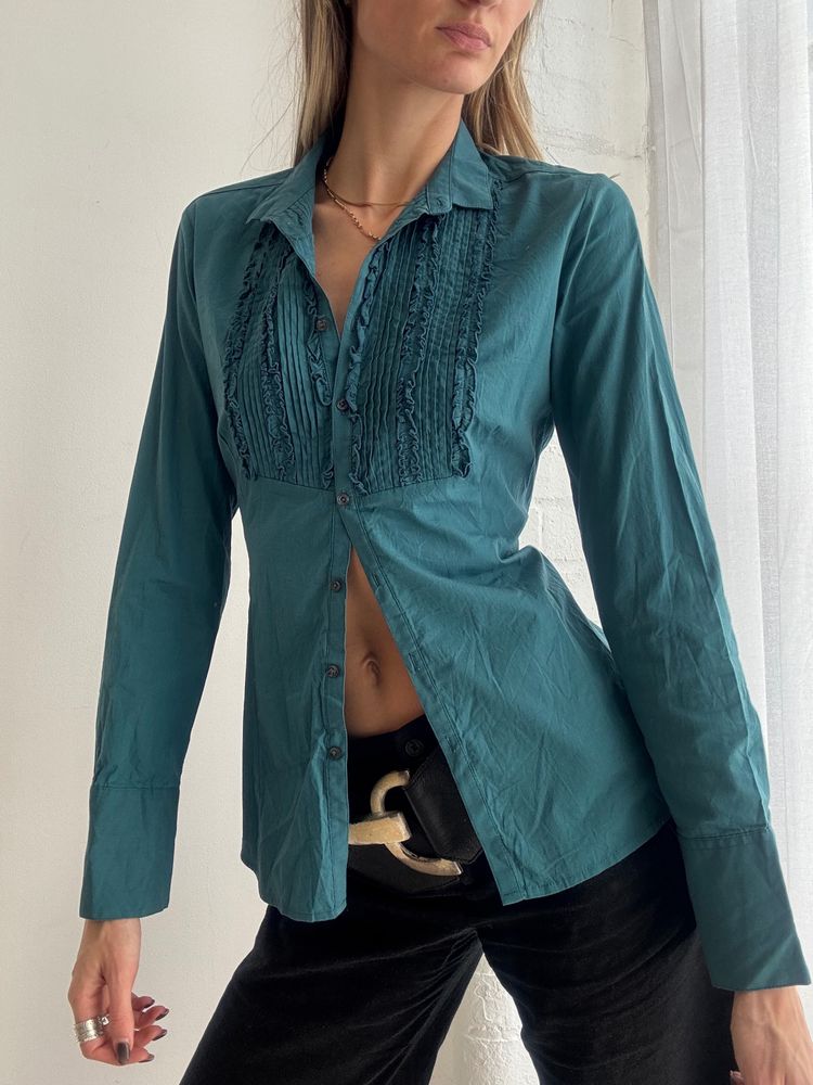 Teal Long Sleeve Shirt With Front Pleated Detailing