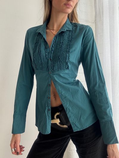 Teal Long Sleeve Shirt With Front Pleated Detailing