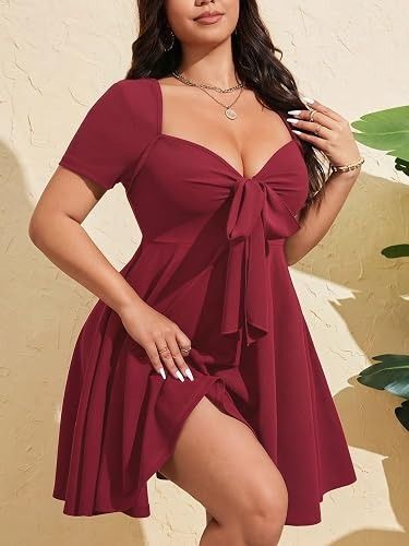 Burgundy Short Sleeve Dress With Front Tie image 3