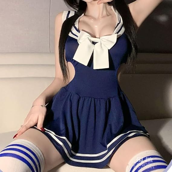 Immagine di Navy Blue And White Sailor Style Lingerie Set And Dress 3