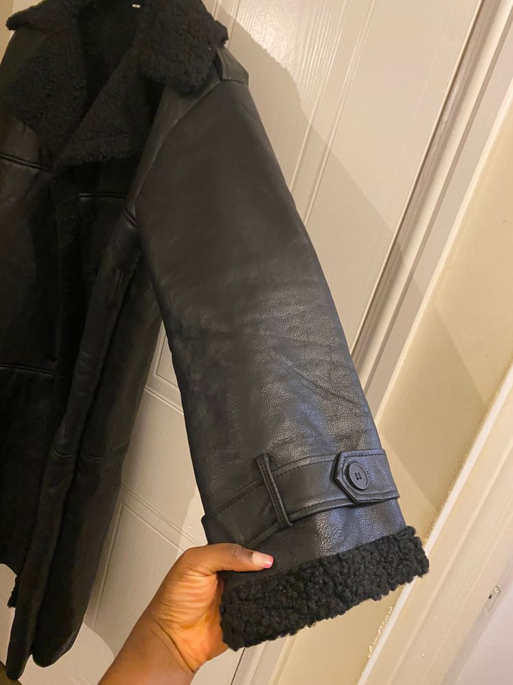 Black Shearling Leather Coat image 3