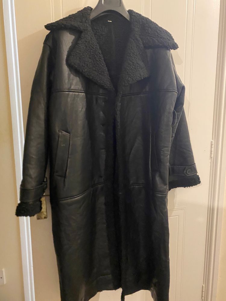 Black Shearling Leather Coat image 6