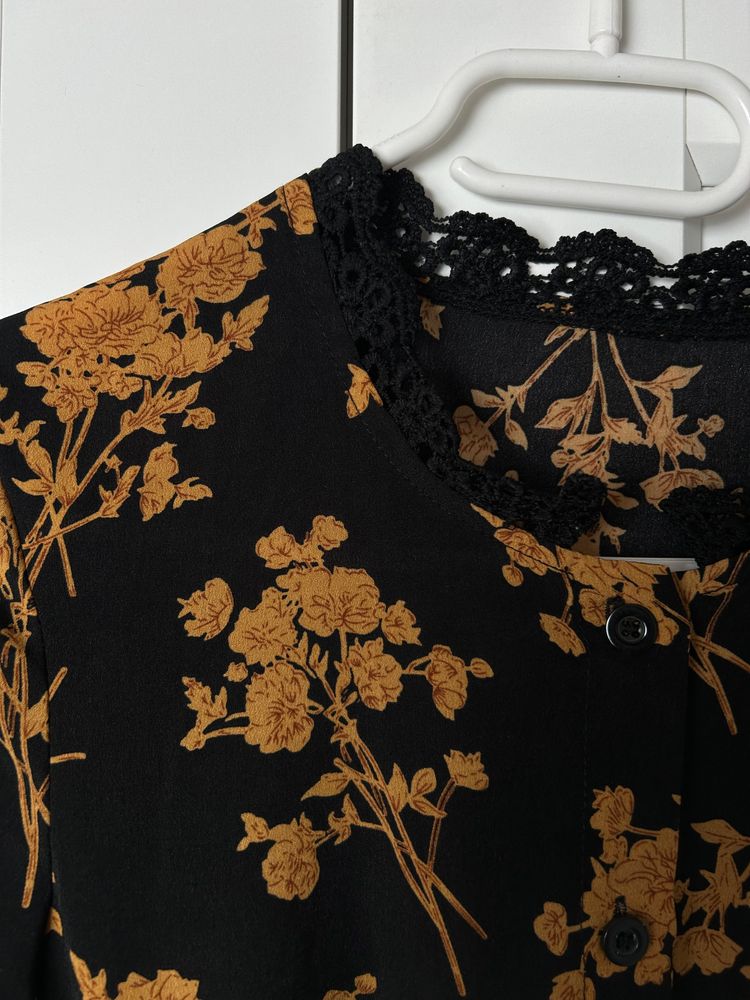 Czarna długa jesienna sukienka maxi midi oversize | black floral long-sleeve dress 4