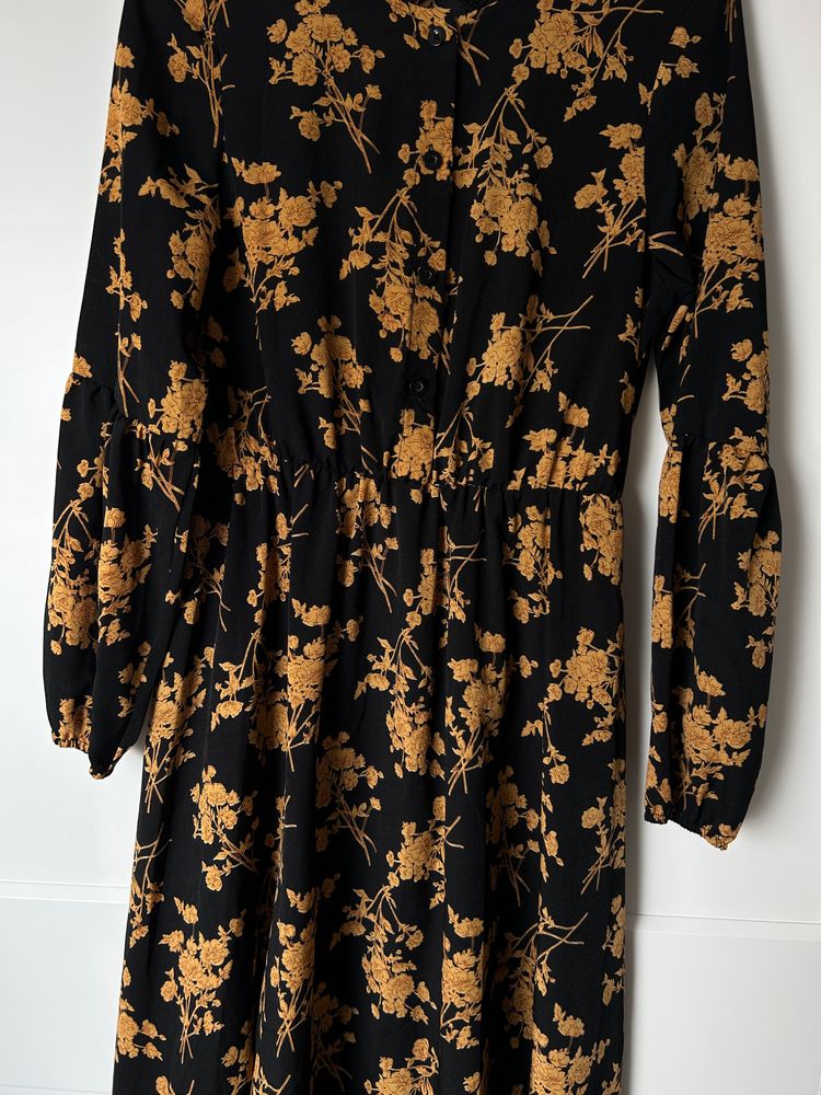 Czarna długa jesienna sukienka maxi midi oversize | black floral long-sleeve dress 3