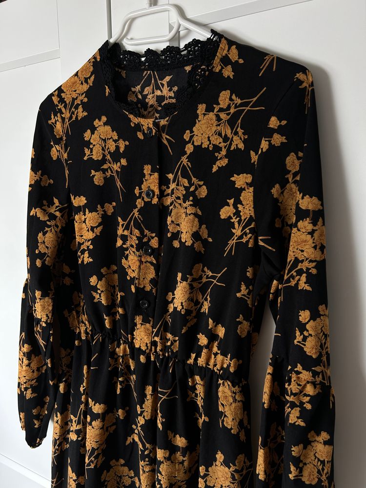 Czarna długa jesienna sukienka maxi midi oversize | black floral long-sleeve dress 2