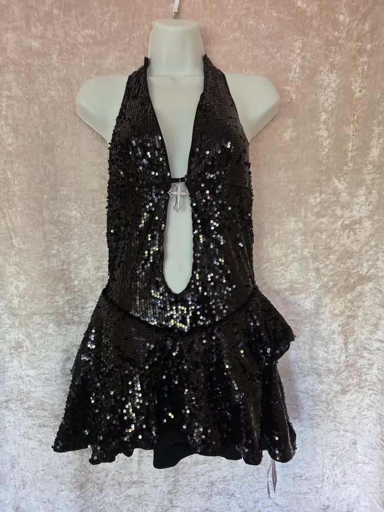 Romwe Black Grunge Punk Y2K Clubcore Sparkly Cross Decor Backless Micro Mini Dress Size M/UK10-12 image 1