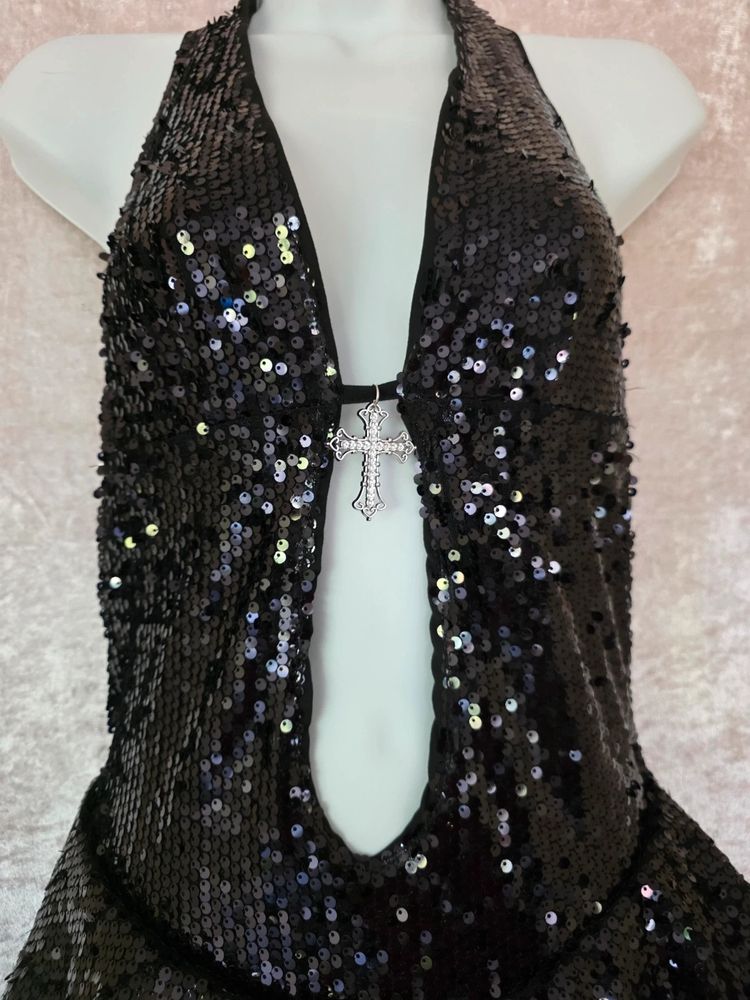 Immagine di Romwe Black Grunge Punk Y2K Clubcore Sparkly Cross Decor Backless Micro Mini Dress Size M/UK10-12 2