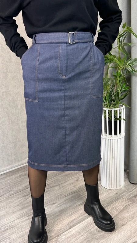 Klasyczna spódnica jeansowa midi granatowa z paskiem ołówkowa rozmiar 46 18 xxxl plus size obraz 1