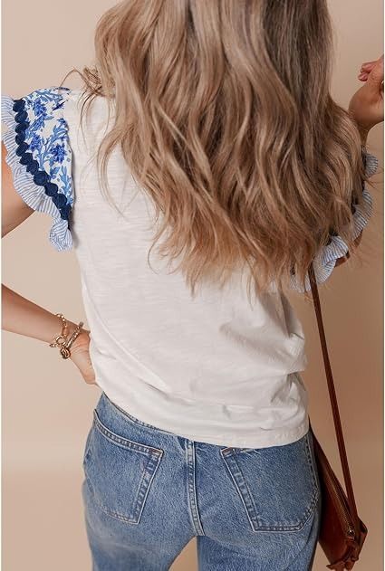 White Top With Blue Floral Ruffle Sleeves image 1
