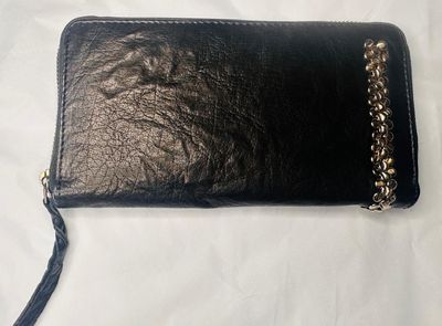 Black Leather Wallet With Chain Detail