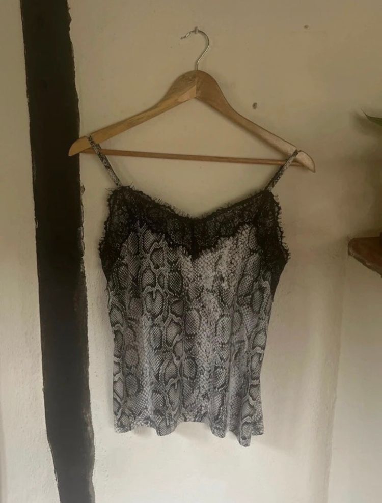 Snake Print Camisole Top With Black Lace Trim