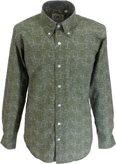 Relco Olive Green Paisley Cotton Long Sleeved Retro Mod Button Down Shirts