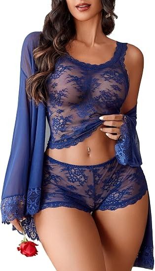 Blue Lace Lingerie Set With Robe image 4