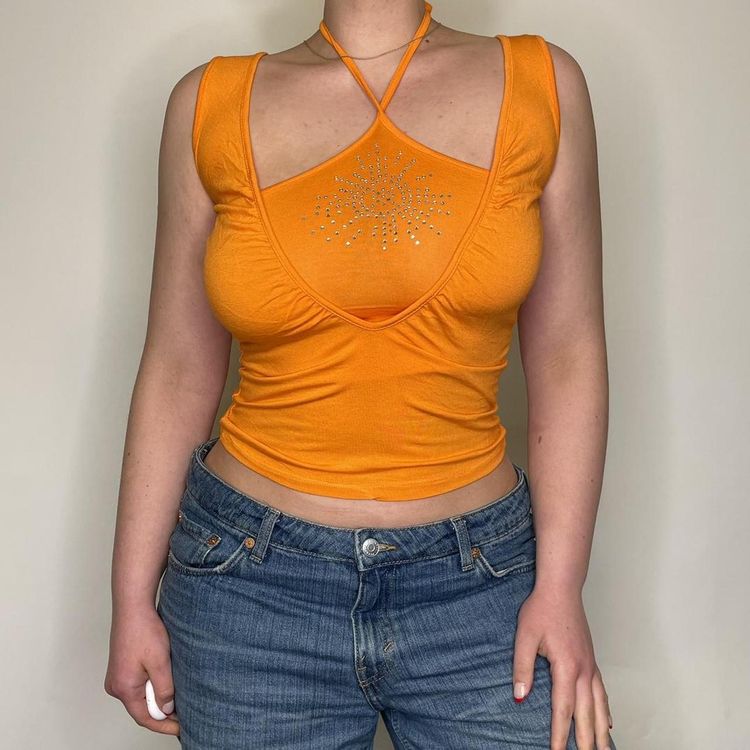 90s 00s orange halter neck tank top with diamanté details   image 4