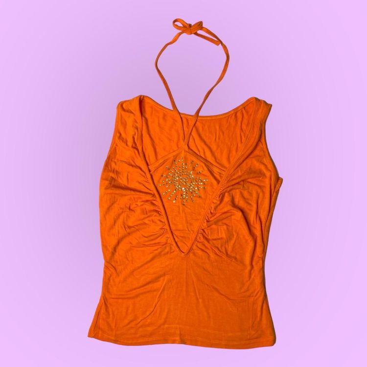 90s 00s orange halter neck tank top with diamanté details