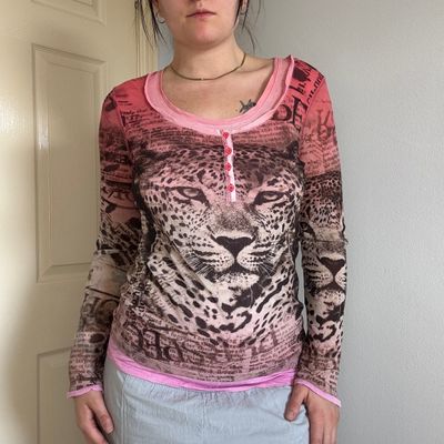 Pink Long Sleeve Top With Leopard Print And Text