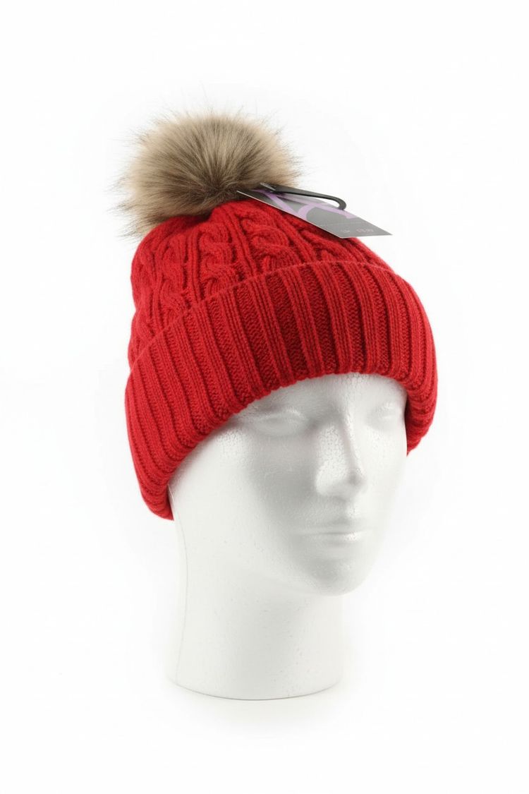 Other Red Knit Beanie With Fur Pom Pom product image