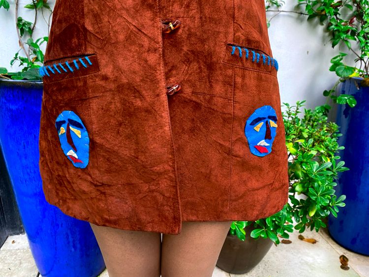 Brown Suede Sleeveless Dress with Blue Face Embroidery 2
