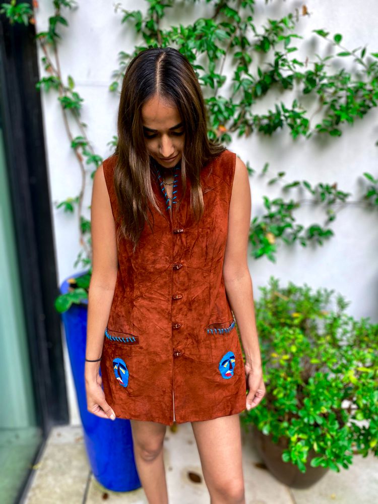 Brown Suede Sleeveless Dress with Blue Face Embroidery 3