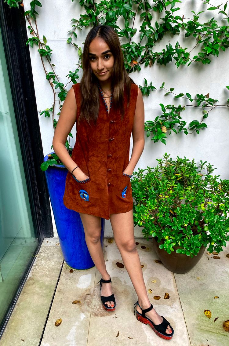 Unknown Brown Suede Sleeveless Dress with Blue Face Embroidery product image