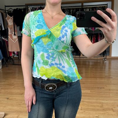 Blue Green Mesh Floral Print Short Sleeve Top