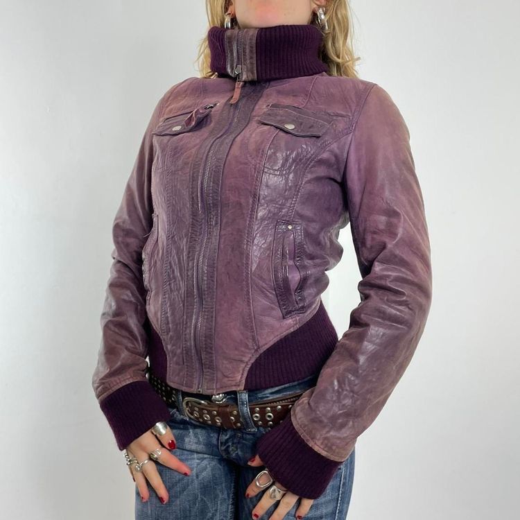 Purple Leather Jacket With Knit Cuffs And Collar