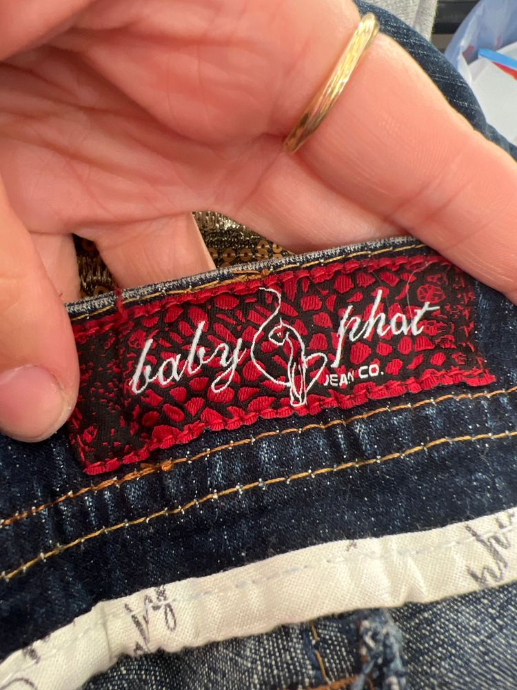 euro trash | medium baby phat blue denim cropped jeans with gold zebra detail pockets 6
