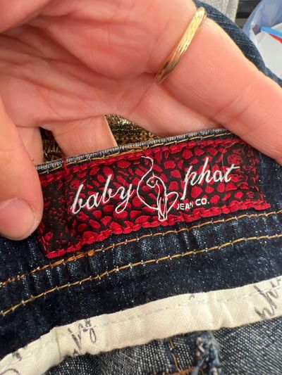 euro trash | medium baby phat blue denim cropped jeans with gold zebra detail pockets 6