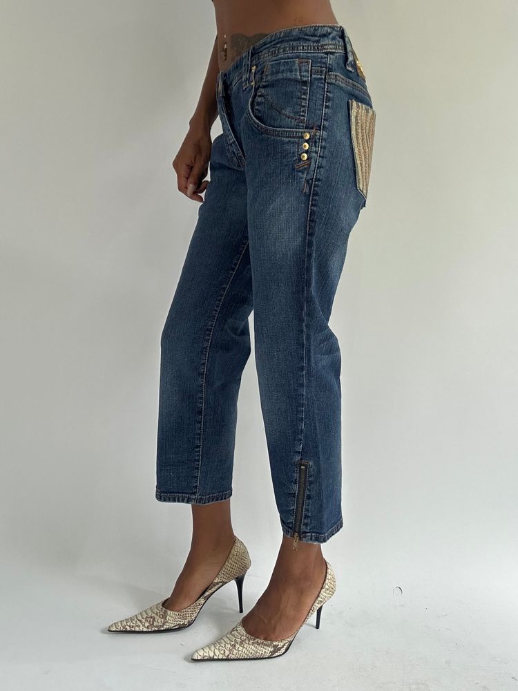 euro trash | medium baby phat blue denim cropped jeans with gold zebra detail pockets 5