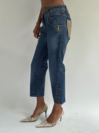 euro trash | medium baby phat blue denim cropped jeans with gold zebra detail pockets 5